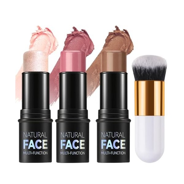 Lot de 3 bâtons de fard à joues avec pinceau – Bâtons bronzants pour les joues, les yeux, les lèvres – Bâtons de maquillage l
