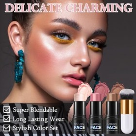 Lot de 3 bâtons de fard à joues avec pinceau – Bâtons bronzants pour les joues, les yeux, les lèvres – Bâtons de maquillage l