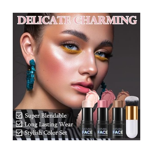 Lot de 3 bâtons de fard à joues avec pinceau – Bâtons bronzants pour les joues, les yeux, les lèvres – Bâtons de maquillage l