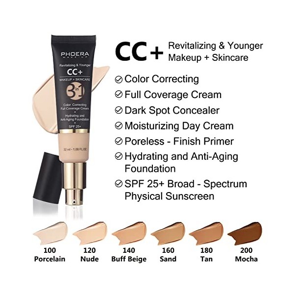 PHOERA CC Crème, Couvrance Légère et Naturelle,PHOERA Fond de Teint Foundation,imperméable Professional Makeup Couvrant Tenue