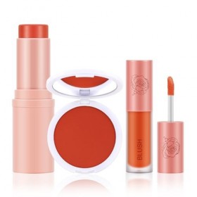 Boobeen Kit 3 Pcs: Poudre, Bâton et Blush Liquide, Crème Léger Longue Durée Multi-Utilisation Maquillage Visage Fusionnable, 