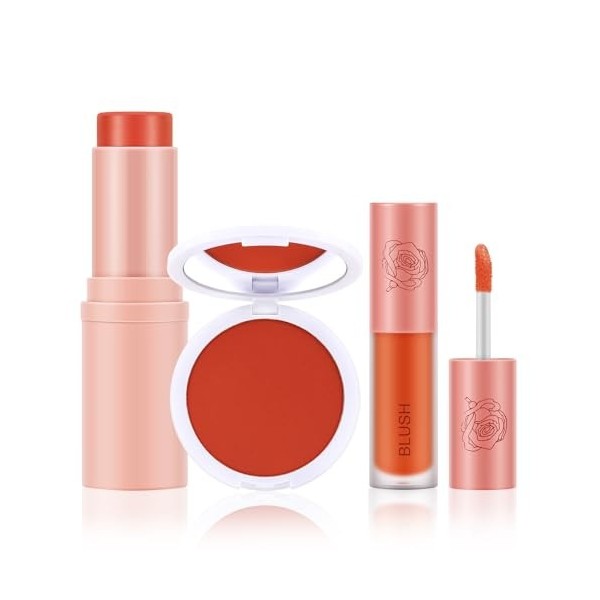 Boobeen Kit 3 Pcs: Poudre, Bâton et Blush Liquide, Crème Léger Longue Durée Multi-Utilisation Maquillage Visage Fusionnable, 
