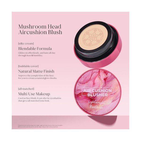KYDA Air Cushion Blush, Mushroom Air Cushion Blusher Natural Glow Liquid Blusher pour joues et yeux, opacité mate, facile à e