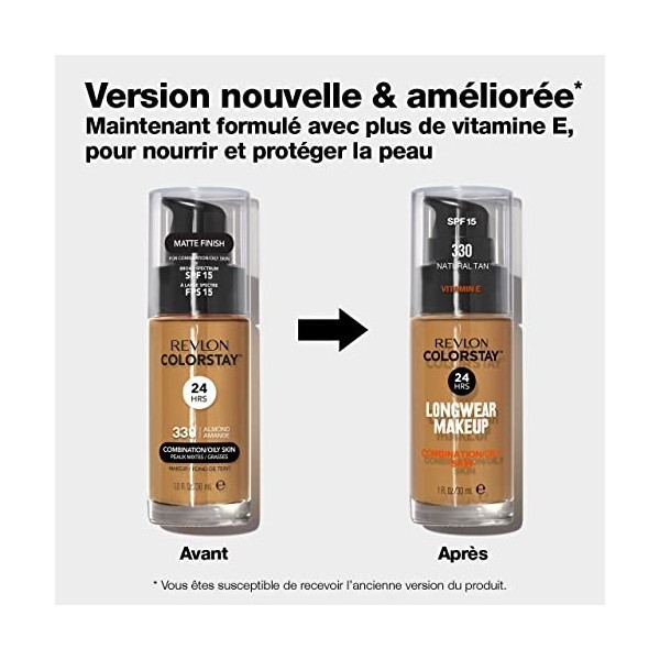 Revlon ColorStay - Fond de teint Longue Tenue 24H - Maquillage Teint et Soin Peaux Mixtes à Grasses - Formule Nourrissante et