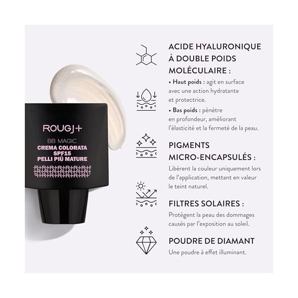 Rougj BB Magic Crème Teintée SPF15 – BB Crème Visage Hydratante, Anti-Âge, Effet Bonne Mine, Correction des Imperfections – M