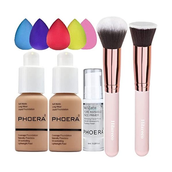 PHOERA Fond de Teint Couvrant Et Face Primer Liquide Couverture Complète Foundation Correcteur,Pinceaux Fond de Teint Et Pinc