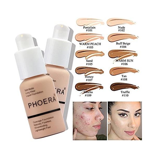 PHOERA Fond de Teint Couvrant Et Face Primer Liquide Couverture Complète Foundation Correcteur,Pinceaux Fond de Teint Et Pinc