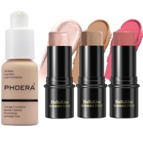 PHOERA Fond de teint, 3 Pcs Kit de maquillage crème contour stick, nuances avec Highlighter & Bronzer & Blush 102+ Fair-Ligh
