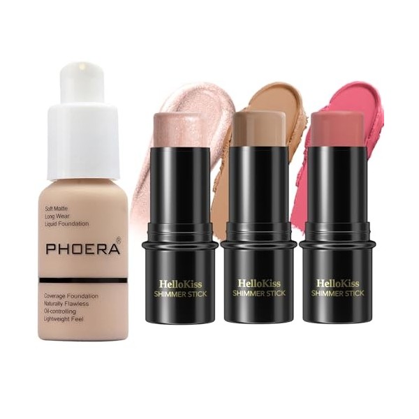 PHOERA Fond de teint, 3 Pcs Kit de maquillage crème contour stick, nuances avec Highlighter & Bronzer & Blush 102+ Fair-Ligh