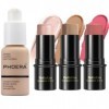 PHOERA Fond de teint, 3 Pcs Kit de maquillage crème contour stick, nuances avec Highlighter & Bronzer & Blush 102+ Fair-Ligh