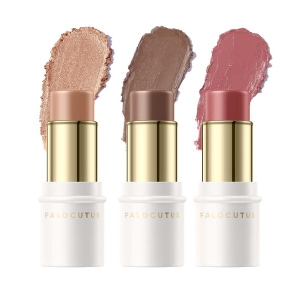 FALOCUTUS Lot de 3 bâtons de contour moyennement profonds, crème blush et surligneur, stylo bronzant, illuminateur naturel du