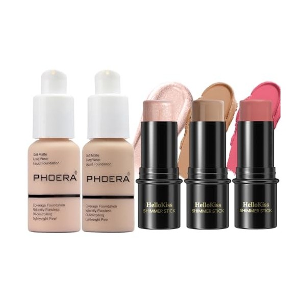 PHOERA Fond de teint, 3 Pcs Kit de maquillage crème contour stick, nuances avec Highlighter & Bronzer & Blush 101+102+ Fair 