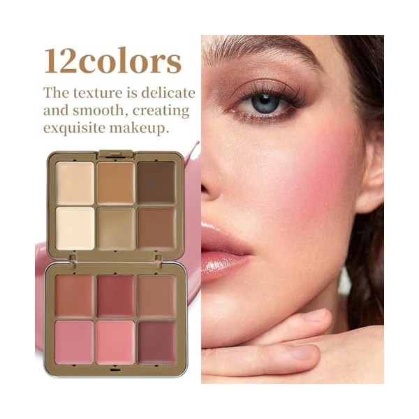 Palette de 12 Couleurs danti-cernes en Crème, Longue Tenue, Résistante aux Bavures, avec Pinceaux Anti Cerne Facile à Appliq
