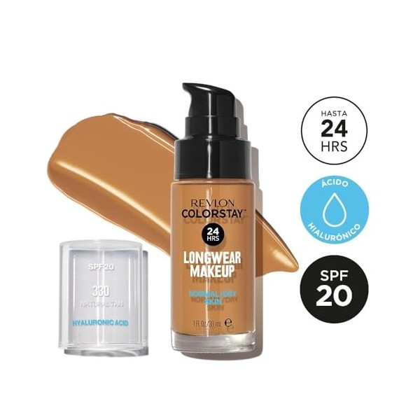 Revlon Colorstay, Fond de Teint Longue Tenue, Peaux NormalesàSèches, 24H Tenue + Soin, Formule enrichie en Acide Hyaluronique