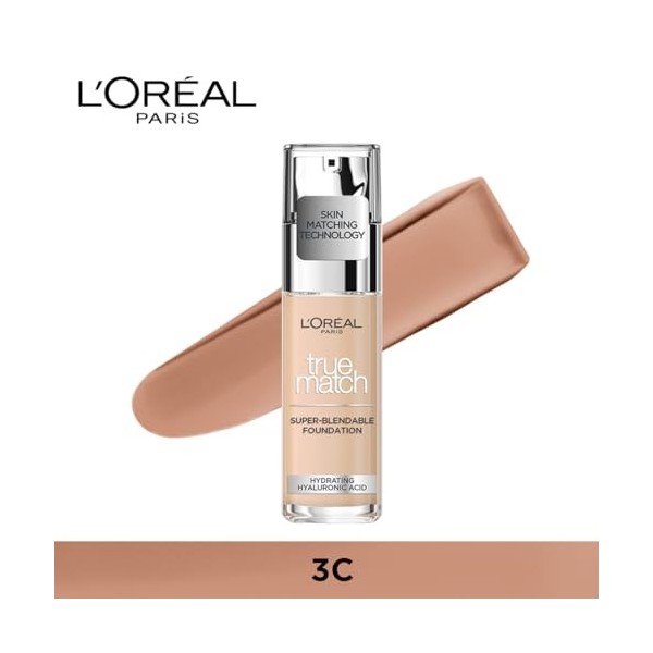 Fond de teint liquide LOréal Paris True Match, soin de la peau infusé à lacide hyaluronique, SPF 17, disponible en 40 teint
