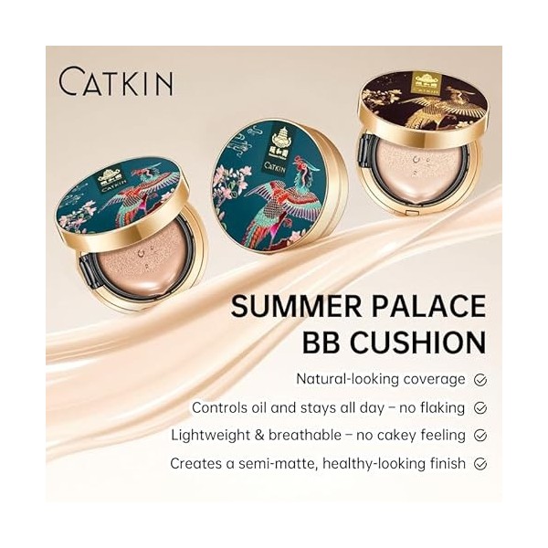 CATKIN Fond De Teint Cushion, Formule Légère Et Longue Tenue, Anti-Âge, Effet Naturel, Extraits De Plantes 7 En 1, Finition S