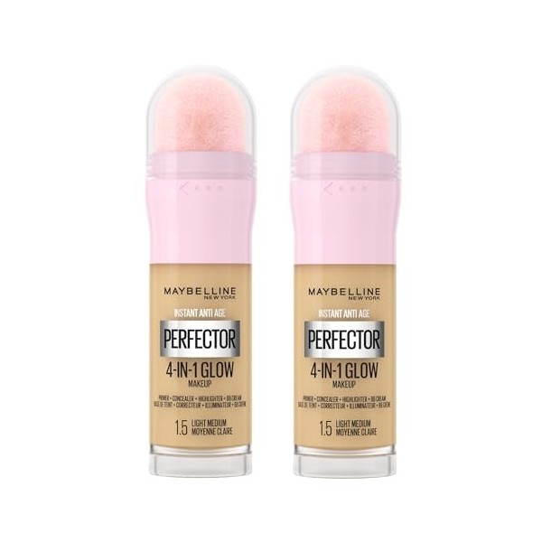 Maybelline New York Instant Age Perfector Glow 4en1 Anti-Cernes BB Cream Éclairant Primer Couleur 1.5 Light Medium avec Épong