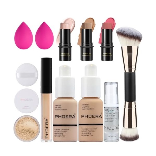 PHOERA Fond de teint, kit de maquillage Contour Stick 3 pièces 102+102+ Fair-Light Contour/Nude + Nude+ 03, 09, 12 
