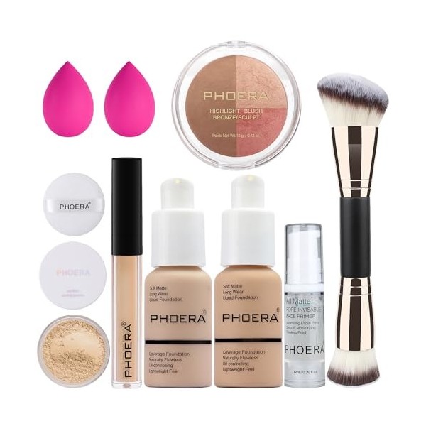 PHOERA Fond de teint, PHOERA palette contour, nuances avec surligneur, poudre bronzante et fard à joues, tenue fraîche jusqu