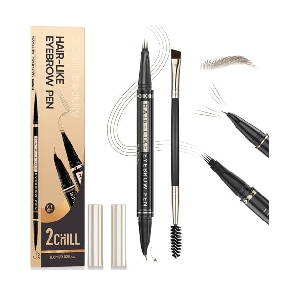 2CHILL Crayon à Sourcils Incurvé à 30°, Stylo à Sourcils Professionnel 2 en 1, Eyebrow Pen Waterproof à 4 Pointes, Microbladi