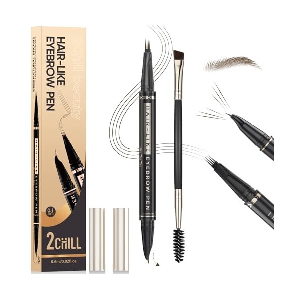 2CHILL Crayon à Sourcils Incurvé à 30°, Stylo à Sourcils Professionnel 2 en 1, Eyebrow Pen Waterproof à 4 Pointes, Microbladi