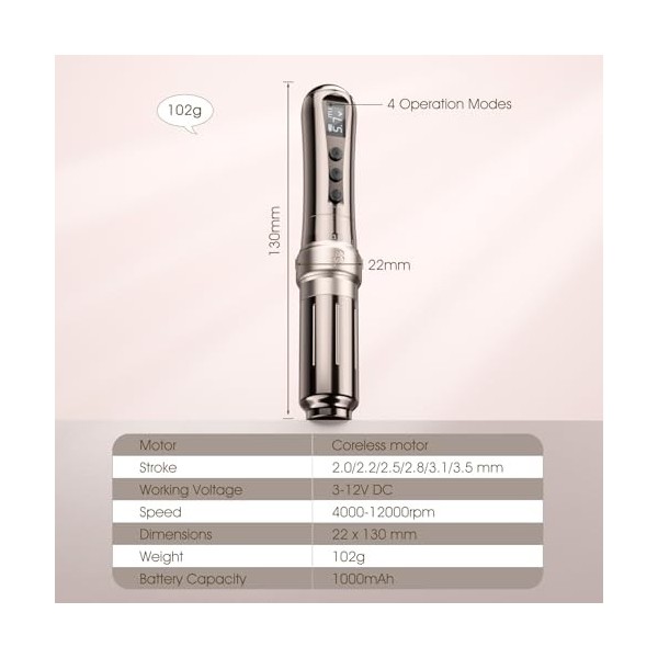 Biomaser U1 Wireless Semi Permanent Maquillage Permanent Crayon Sans Fil Réglable en Six Temps avec 2 Batteries 1000mAh Écran