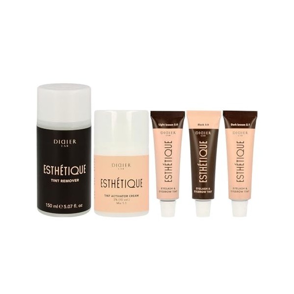 DIDIER LAB Esthétique Kit Teinture Sourcils et Cils avec Crème Oxydante 3% et Dissolvant - Brun Clair – Brun Foncé – Noir - K