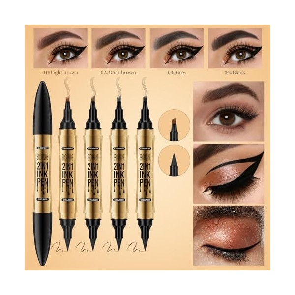 Crayon à sourcils à double extrémité, Crayon à sourcils waterproof et crayon à sourcils liquide à quatre pointes pour une déf