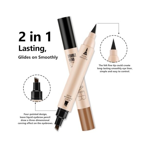 Boobeen Crayon à Sourcils Imperméable, 2 en 1 Stylo à Sourcils Liquide avec Applicateur à Pointe Microfourchette, Crée des So