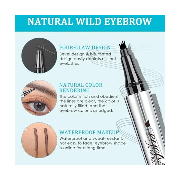 Crayon Sourcil Waterproof Liquide Avec Pointe Oblique À Quatre Dents, Eyebrow Pencil Haute Pigmentation, Stylo Sourcil Effet 