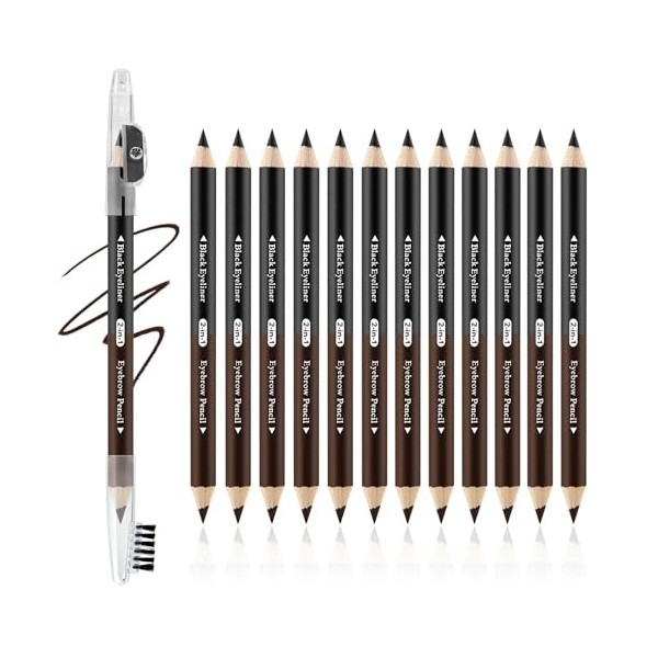 Boobeen Lot de 12 Crayons à Sourcils Double Pointe, Stylo Sourcils Imperméable avec Taille-Crayon et Brosse, Tenue Longue, Id