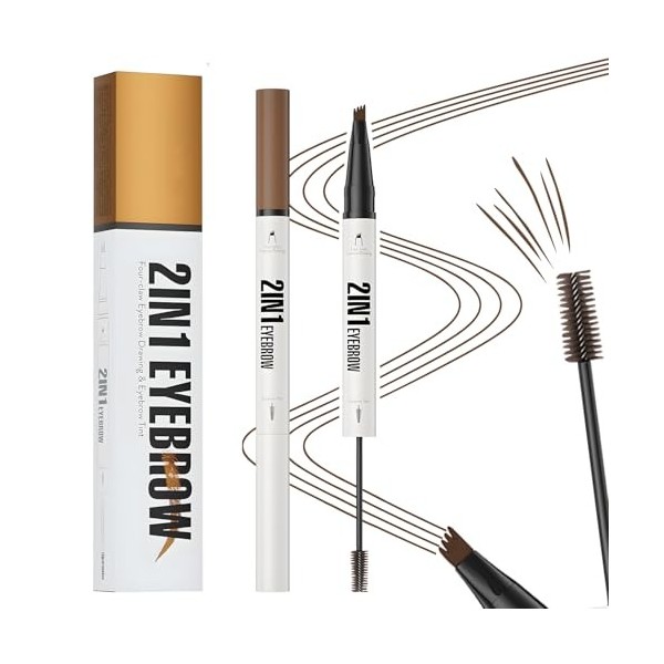 MOTIBACK Crayon à sourcils professionnel 2 en 1 avec gel, stylo Microblading et gel Brow imperméable, 4 pointes de fourchette