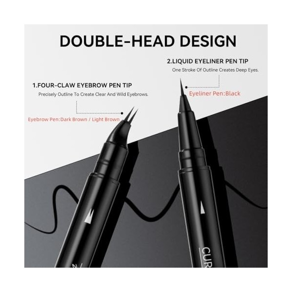 Crayon à sourcils waterproof pour sourcils clairsemés, 2 en 1, double embout avec pointe incurvée et précise, anti-bavures, l