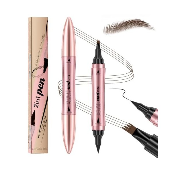 2 en 1 Crayon à sourcils, Eye-liner, Crayon microblading à double extrémité avec applicateur à pointe micro-fourche à 4 broch