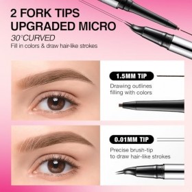Stylo à sourcils incurvé, crayon à sourcils 2-en-1 à double extrémité avec pointe micro à 2 griffes et pointe ultra fine, pou...