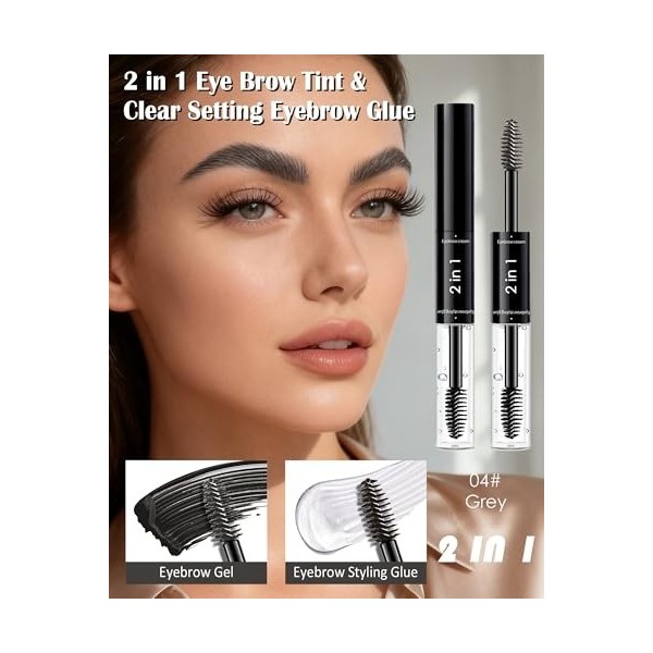 Double Head Eyebrow Gel 2 en 1, Crayon Sourcils Waterproof Longue Durée, Gris & Clair Teinture Sourcil Gel, Séchage Rapide 3D