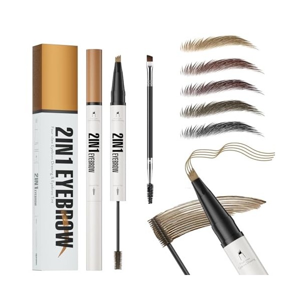 Crayon à sourcils liquide 2 en 1, 3D Crayon à sourcils Microblading et gel pour sourcils avec embout à 4 fourches, Crayon Sou...