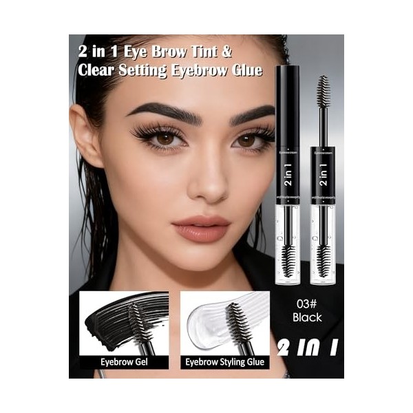Double Head Eyebrow Gel 2 en 1, Crayon Sourcils Waterproof Longue Durée, Noir & Clair Teinture Sourcil Gel, Séchage Rapide 3D