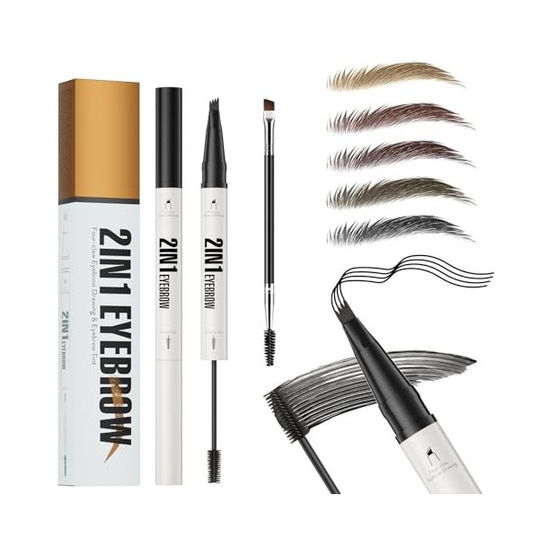 Crayon à sourcils liquide 2 en 1, 3D Crayon à sourcils Microblading et gel pour sourcils avec embout à 4 fourches, Crayon Sou