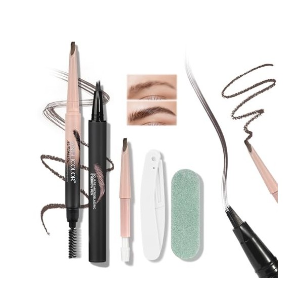 Prreal Microblading Lot de 2 stylos à sourcils 2 en 1 à double extrémité, avec brosse spirale, noyau remplaçable, rasoir à so...