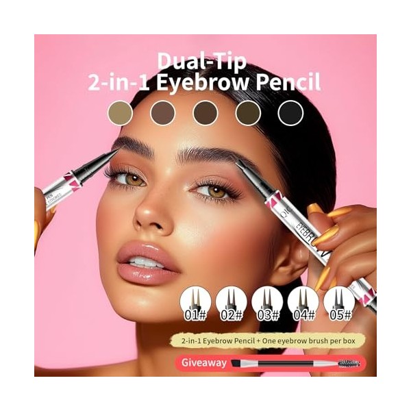 Crayon à sourcils 2 en 1, crayon à sourcils à deux extrémités et brosse à sourcils, durable et imperméable noir 