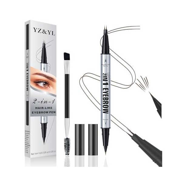 Crayon Sourcil YZ&YL, Double Embout Avec Micro-pointe à 2 Broches et Pointe Pinceau Précise, Stylo Sourcil Effet Poil, Imperm