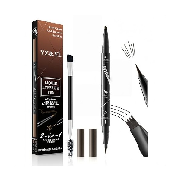 Crayon sourcils Waterproof, 2 en 1Eyebrow Pencil, Avec Micro-embout à 4 Dents et Pointe Pinceau Précise, Résistant à La Trans