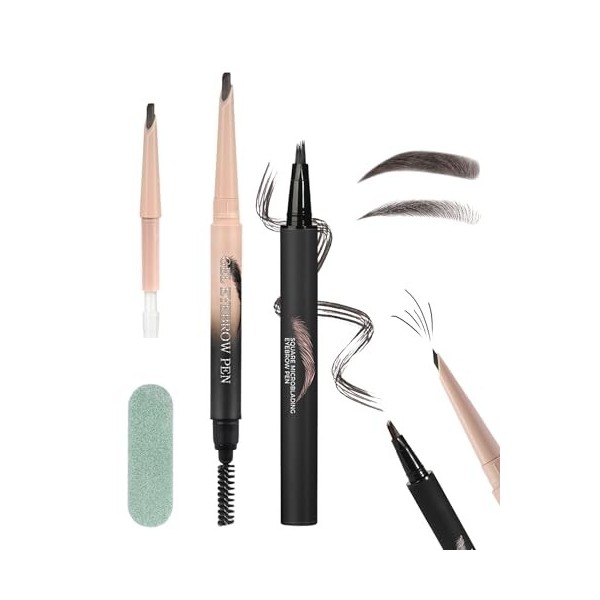 Crayon Sourcil Kit, Waterproof Longue Durée 2 en 1 Utilisation Combinée, Remplaçable Noir Fumé Eyebrow Tint Gel & Crayon Micr