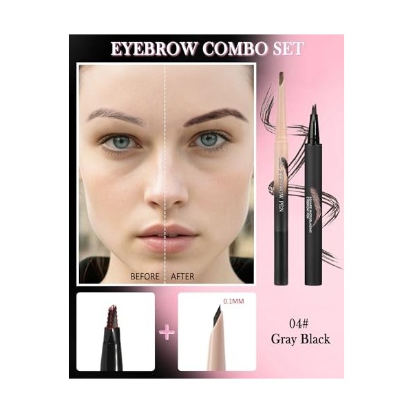 Crayon Sourcil Kit, Waterproof Longue Durée 2 en 1 Utilisation Combinée, Remplaçable Noir Fumé Eyebrow Tint Gel & Crayon Micr
