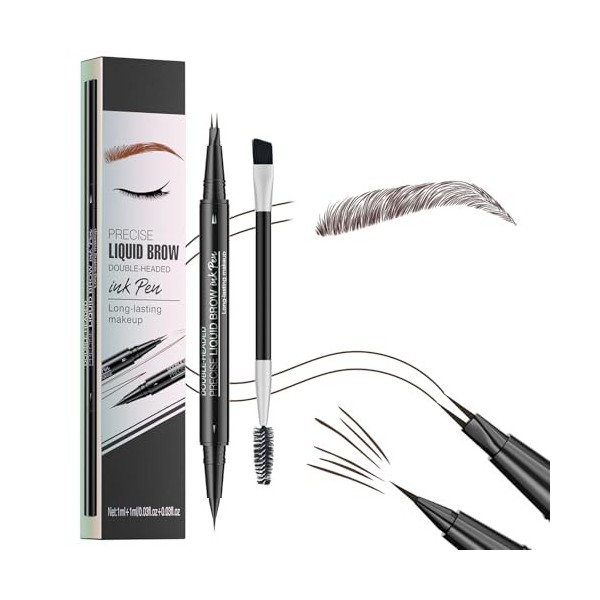 Crayon à sourcils marron foncé, crayon à sourcils Microblading avec 2 pointes fourches et pointe pinceau précise, stylo à sou...