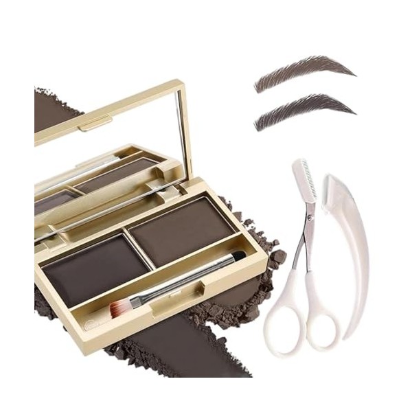 Kit de poudre à sourcils étanche 2 en 1 avec miroir et pinceau - Anti-bavures - Palette de fards à paupières et sourcils long...