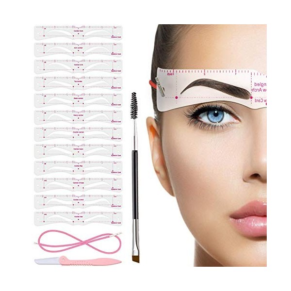 TEUVO 12 Styles Pochoirs Sourcils pour Débutants, Kit Pochoir Sourcils Réutilisable avec Brosse à Sourcil et Rasoir Sourcil p...