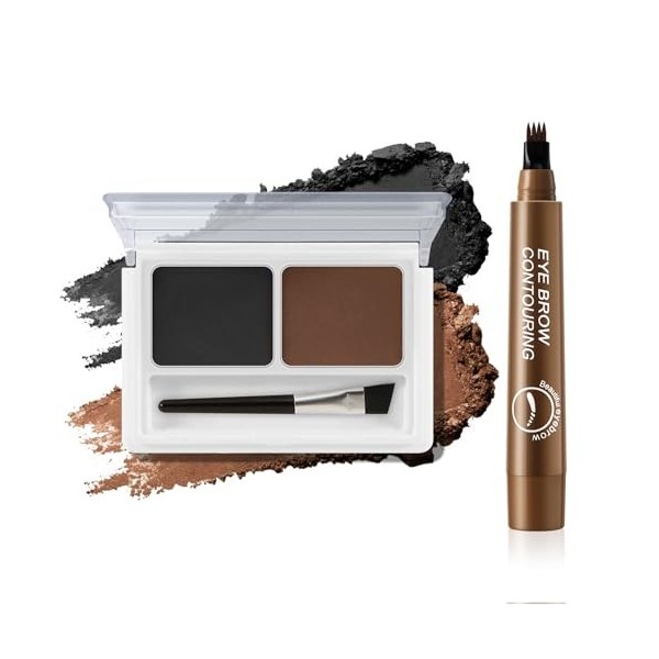 Boobeen Kit à sourcils, Poudre à sourcils 2 couleurs et Stylo à sourcil à pointe à 4 dents, Longue durée, imperméable et anti