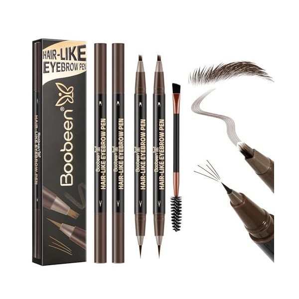 Boobeen Stylo Sourcils Microblading Résistant à lEau, Double Pointe Effet Brins de Cheveux, Durable avec Brosse - Brun Foncé ...